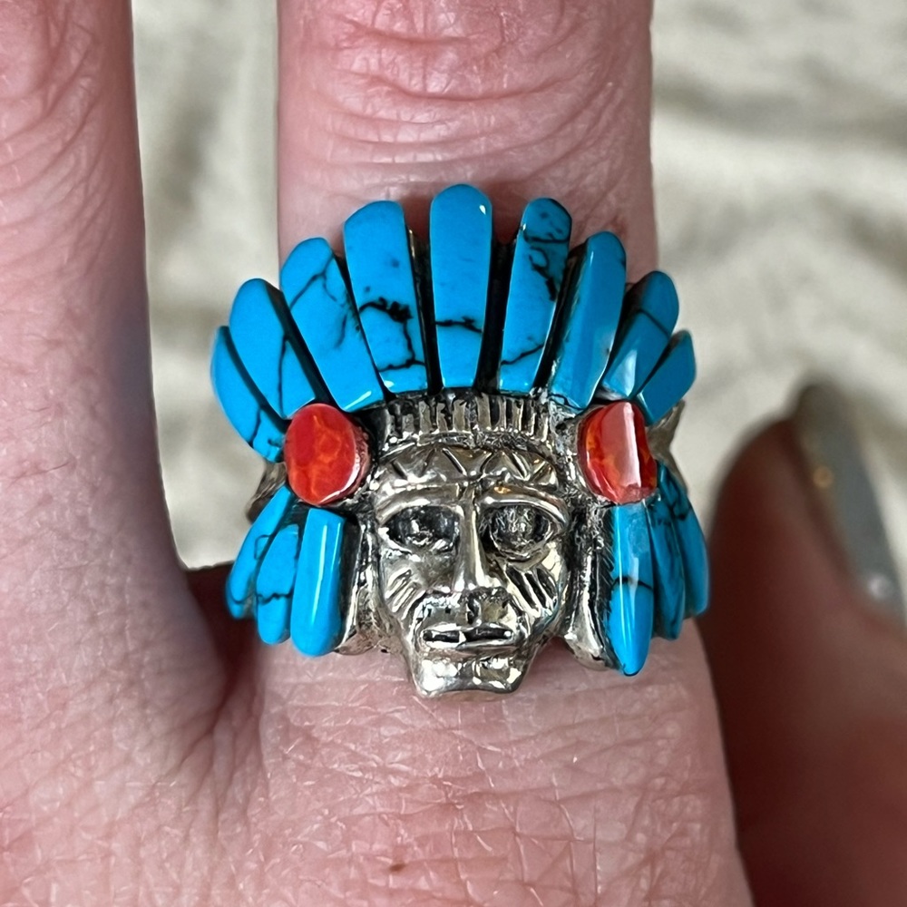 NWOT. Genuine turquoise and coral chief ring - sterling silver Size 8 3/4